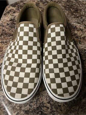VANS Checkerboard Slip-On Sneakers in Olive and White